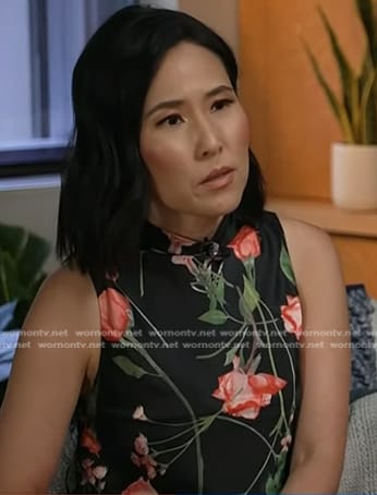 Vicky's black floral sleeveless top and red skirt on NBC News Daily