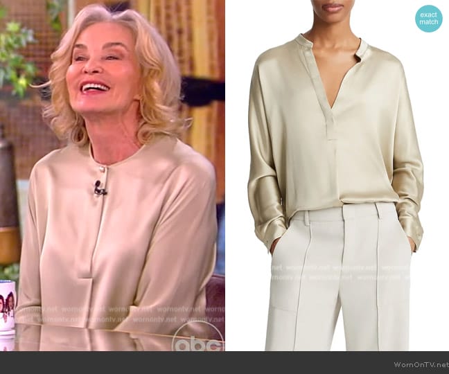 Vince Band Collar Popover Shirt worn by Jessica Lange on The View