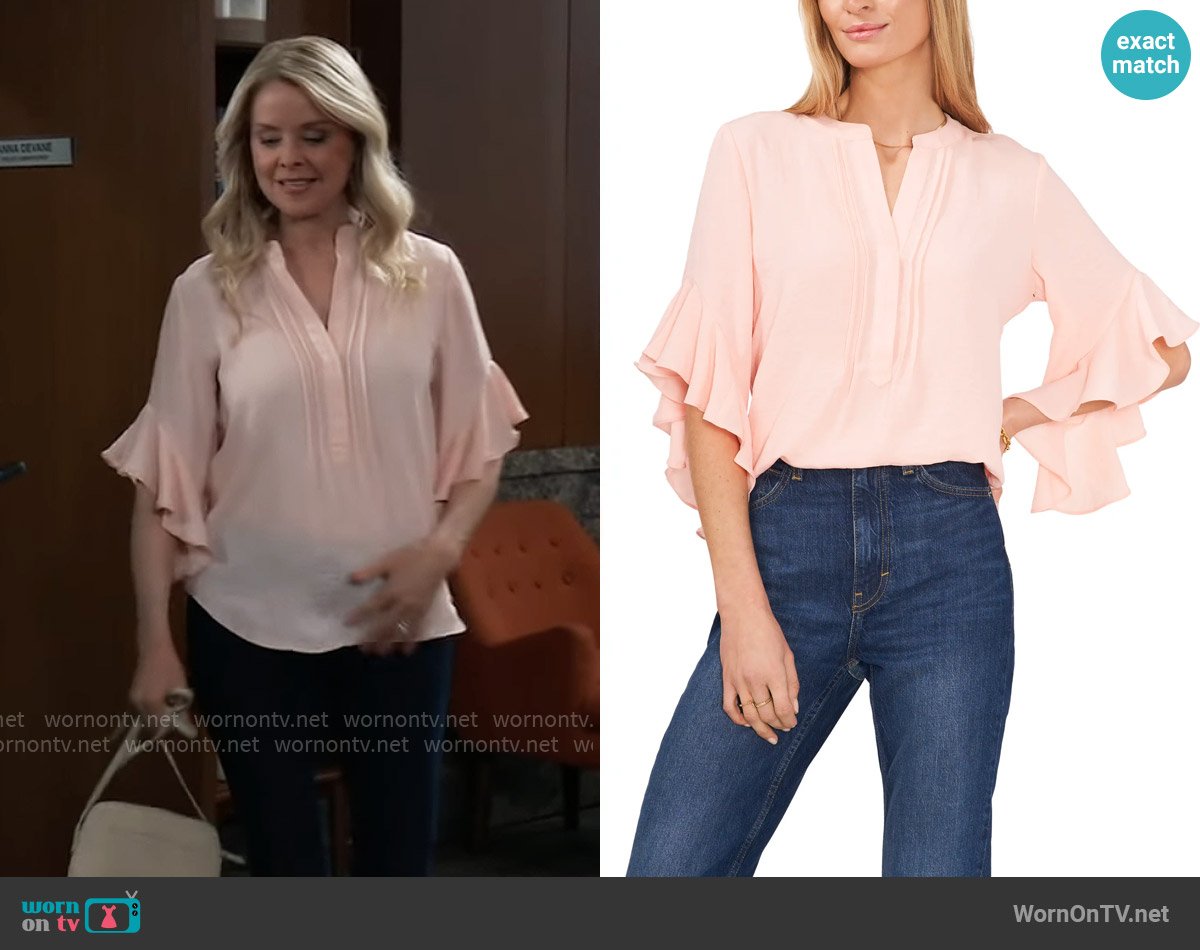 Vince Camuto Pintuck Flutter Sleeve Blouse in Soft Peony worn by Felicia Scorpio (Kristina Wagner) on General Hospital