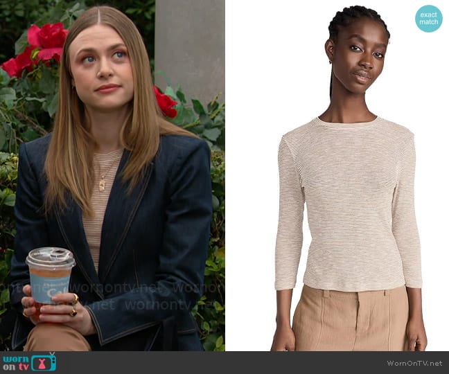 Vince Micro Stripe 3/4 Sleeve Crew Neck Tee in Off White / Nile worn by Claire Grace (Hayley Erin) on The Young and the Restless