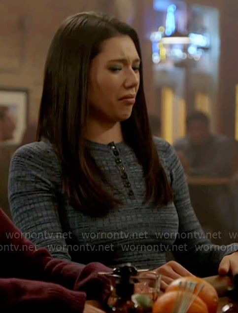 Violet's blue marled knit henley sweater on Chicago Fire