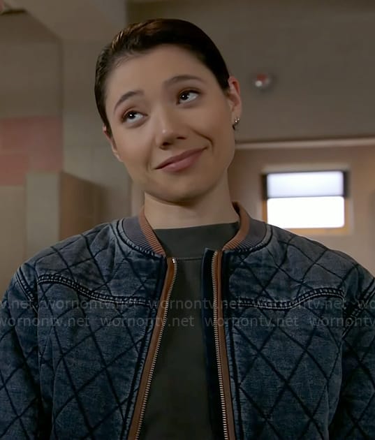 Violet's quilted denim bomber jacket on Chicago Fire