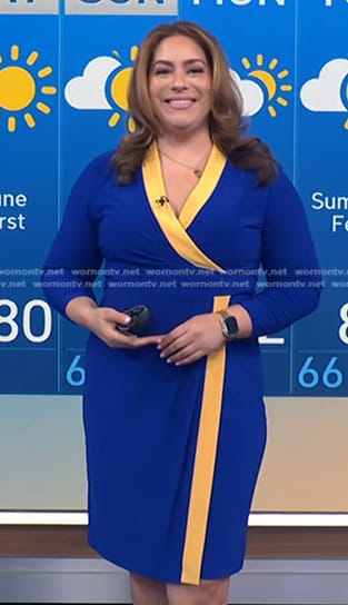 Violeta’s blue contrast trim wrap dress on NBC News Daily