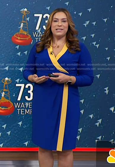 Violeta's blue contrast trim wrap dress on NBC News Daily