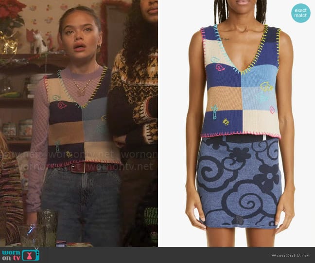 YanYan Embroidered Colorblock Cotton Sweater Vest worn by Minnie 'Mouse' Honrada (Malia Pyles) on Pretty Little Liars Original Sin