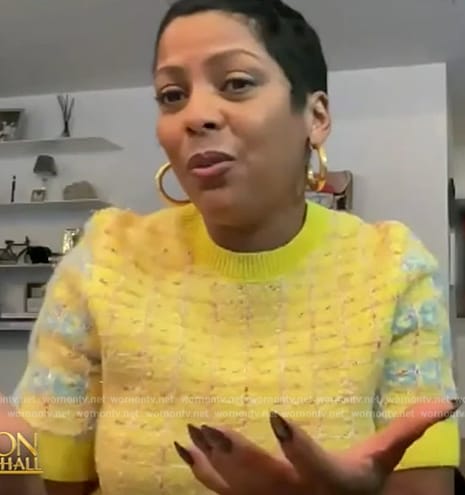 Tamron’s yellow tweed short sleeve sweater on Tamron Hall Show