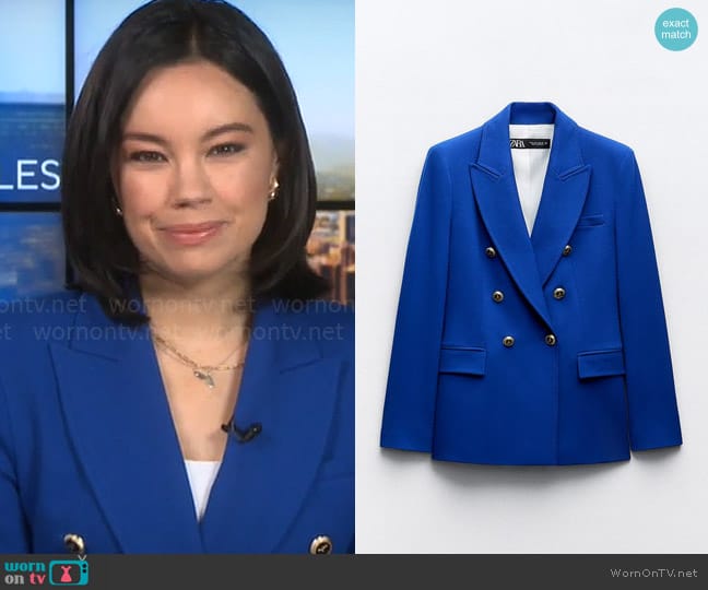 Zara Tailored Double Breasted Blazer in Bluish worn by Jo Ling Kent on CBS Mornings