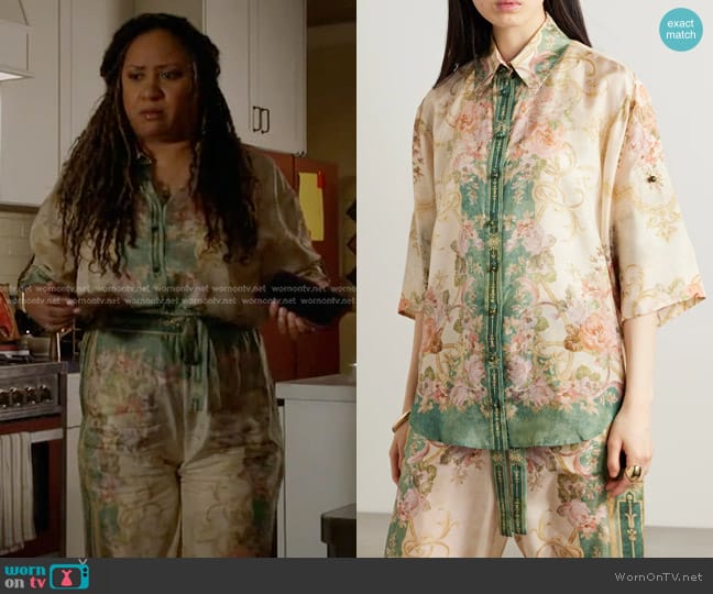 Zimmermann August floral-print Organic Silk Blouse in Green worn by Karen Wilson (Tracie Thoms) on 9-1-1