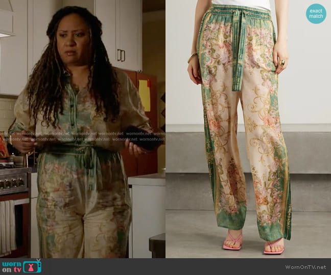 Zimmermann August floral-print Organic Silk Wide Leg Pants in Green worn by Karen Wilson (Tracie Thoms) on 9-1-1