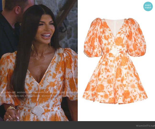 Zimmermann Postcard puff-sleeve flared mini dress worn by Teresa Giudice on The Real Housewives of New Jersey