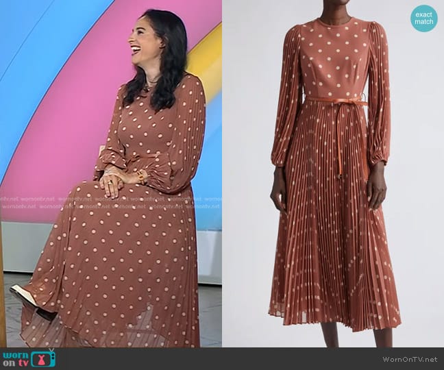 Zimmermann Sunray Long Sleeve Pleated Midi Dress in Aragon/ Cream Dot worn by Jacqui Gifford on Today