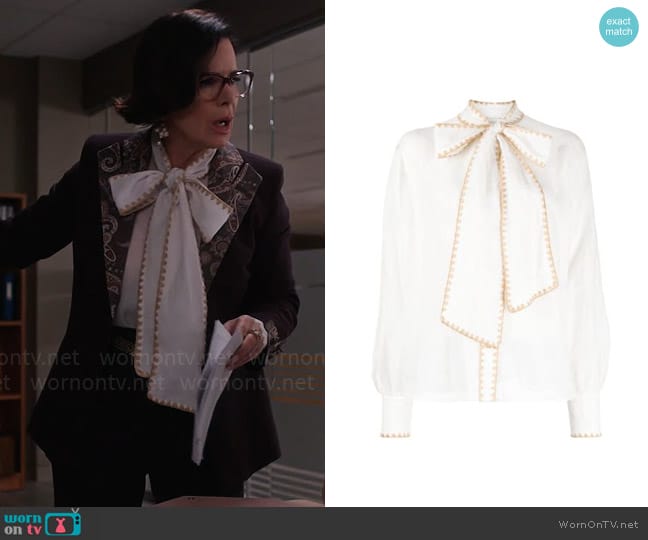 Zimmermann Bow-detail long-sleeve blouse worn by Margaret Wright (Marcia Gay Harden) on So Help Me Todd