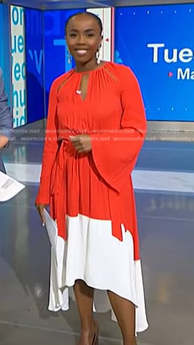 Zinhle’s red colorblock cutout dress on NBC News Daily