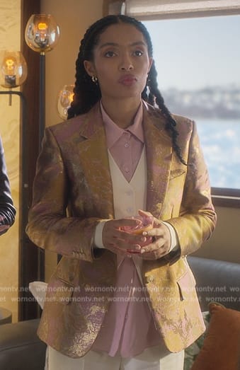 Zoey's floral metallic blazer on Grown-ish