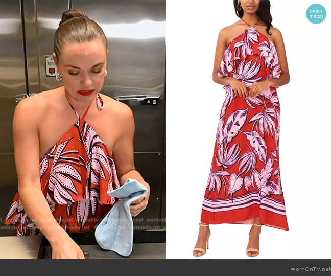 1. State Tropical Print Ruffled Halter Neck Maxi Dress worn by Lindsay Myers on Access Hollywood