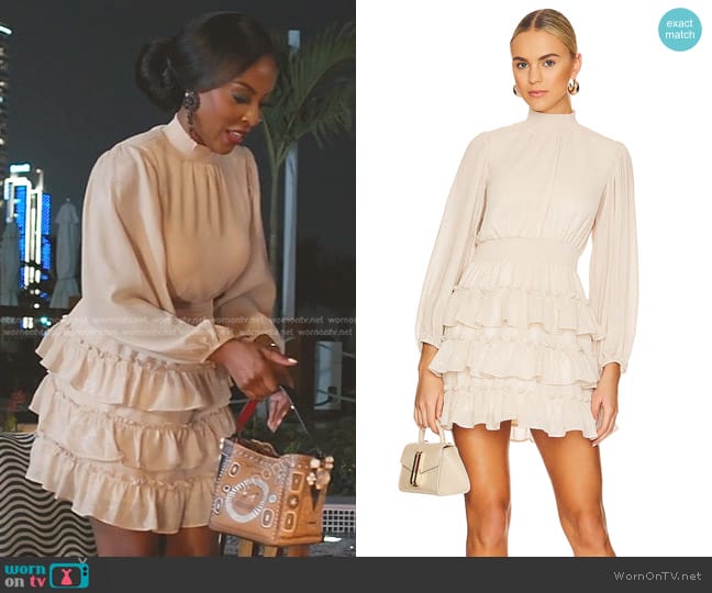 1. State Long Sleeve Smocked Neck Dress in Beige worn by Caroline Brooks (Caroline Brooks) on The Real Housewives of Dubai