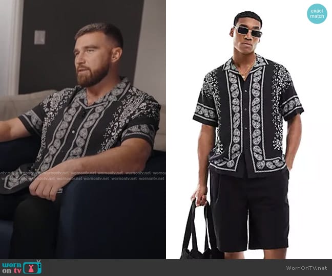 Asos Relaxed Revere Shirt with black and white bandana print worn by Travis Kelce on Good Morning America