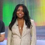 Adrienne Warren’s beige pinstripe blazer and pant suit on Good Morning America