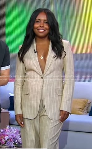 Adrienne Warren's beige pinstripe blazer and pant suit on Good Morning America