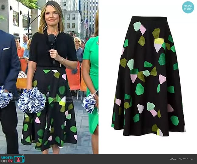 Akris Punto Kaleidoscope Midi-Skirt in Black Multi worn by Savannah Guthrie on Today