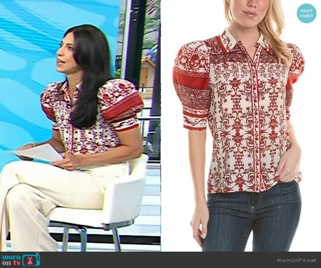 Alice + Olivia Willa Silk Top in Red White worn by Dr. Natalie Azar on Today