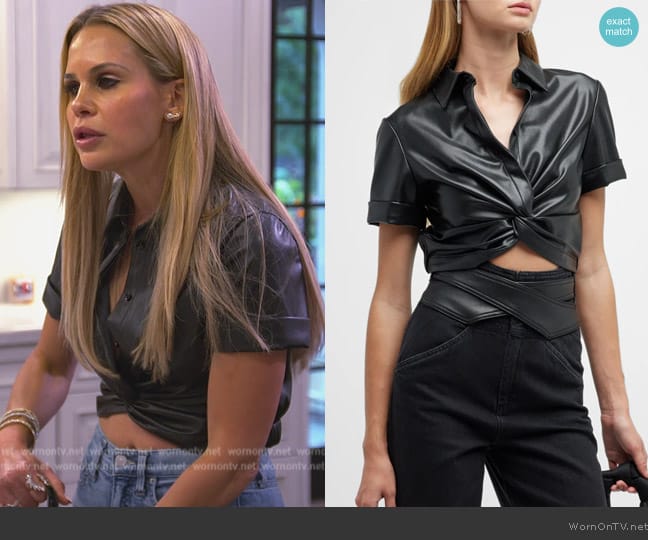 Alice + Olivia Phebe Vegan Leather Twist-Front Crop Top worn by Jackie Goldschneider on The Real Housewives of New Jersey