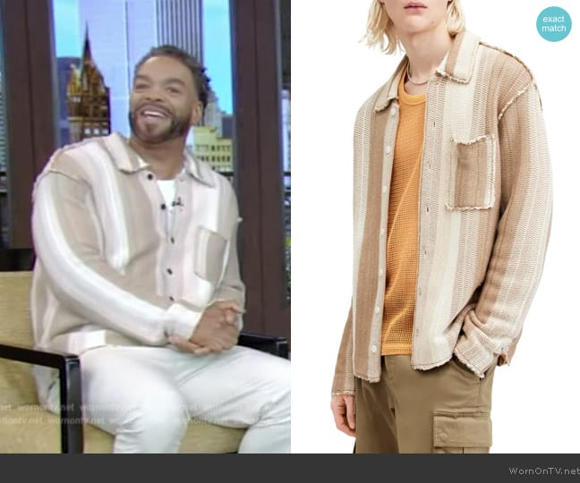 All Saints Truck Stripe Cotton Cardigan worn by Method Man on Live with Kelly and Mark