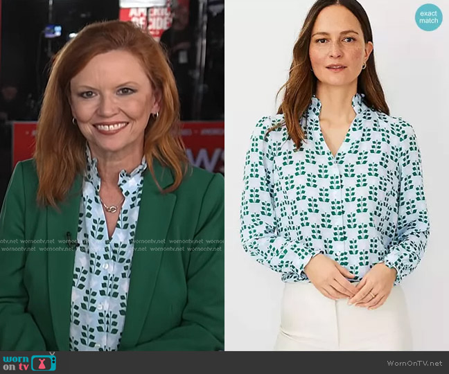 Ann Taylor Floral Tile Ruffle Button Top in Perfect Sky worn by Kelly O’Donnell on Today