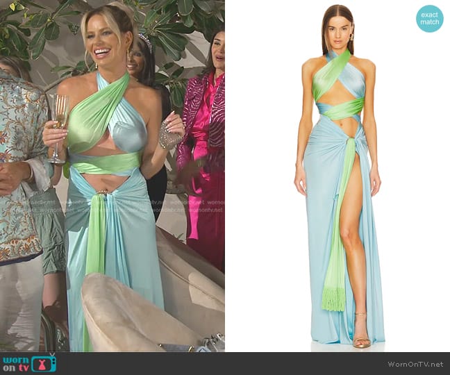 Bronx and Banco Cleopatra Gown in Light Blue & Green worn by Caroline Stanbury (Caroline Stanbury) on The Real Housewives of Dubai