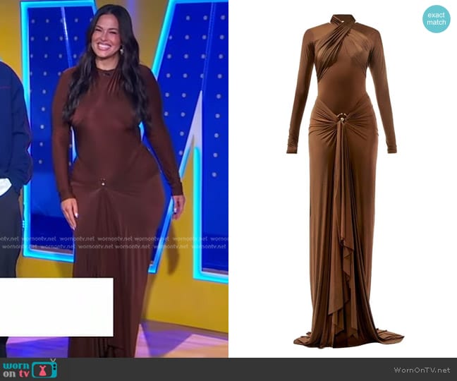 Deme by Gabriella Malai Lycra Ruched Draped Gown in Chocolate Brown worn by Ashley Graham on Good Morning America