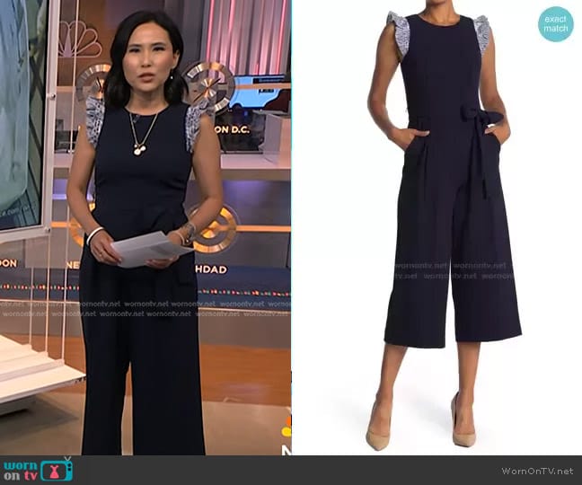 Eliza J Contrast Ruffle Cap Sleeve Wide Leg Crop Jumpsuit worn by Vicky Nguyen on NBC News Daily