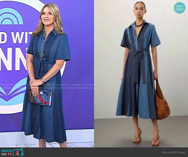 Prabal Gurung Collective Denim Patchwork Midi Dress worn by Jenna Bush Hager on Today