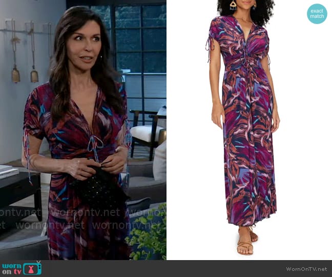 Diane von Furstenberg Reversible Maxi Dress in Pomegranate Pink and Earth Floral Multi Pink worn by Anna Devane (Finola Hughes) on General Hospital