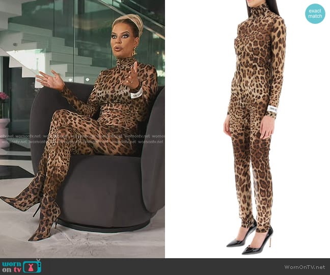 Dolce & Gabbana Leopard Print Silk Chiffon Jumpsuit worn by Caroline Stanbury (Caroline Stanbury) on The Real Housewives of Dubai