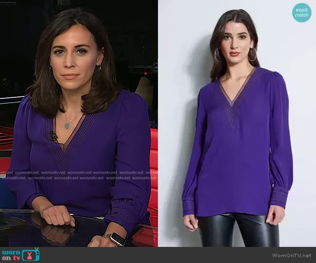 Elie Tahari Embroidered Silk Shirt in Winter Plum worn by Hallie Jackson on Today