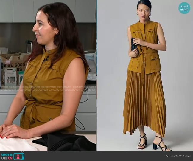 Anthropologie Sleeveless Vested Pleated Midi Dress in Bamboo worn by Emma Seymour on Today