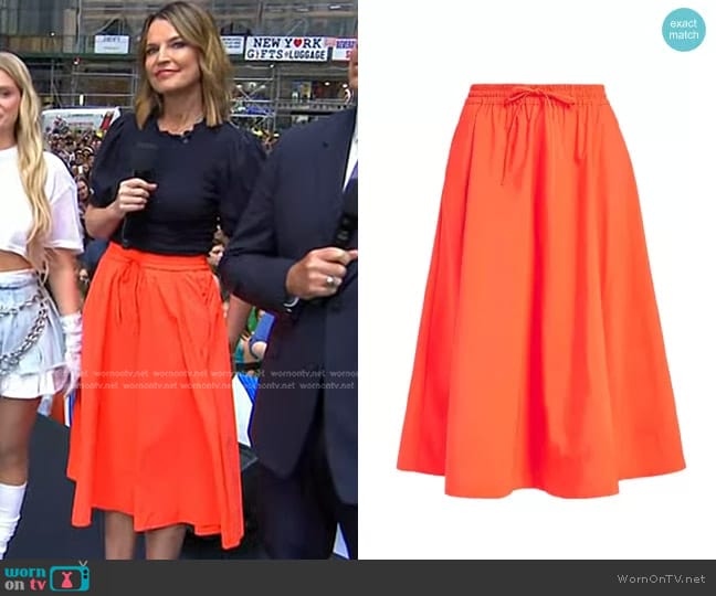 Essentiel Antwerp Drawstring Midi Skirt in Wild Strawberry worn by Savannah Guthrie on Today