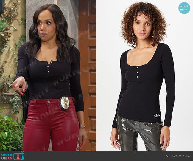 Guess Eco Karlee Long-Sleeve Henley worn by Jada Hunter (Elia Cantu) on Days of our Lives