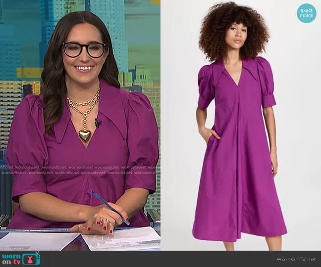 Ganni Cotton Poplin V Neck Dress in Purple Wine worn by Savannah Sellers on NBC News Daily