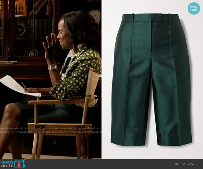 Givenchy Wool and Silk-Blend Satin-Twill Shorts in Emerald worn by Deborah Roberts on Good Morning America