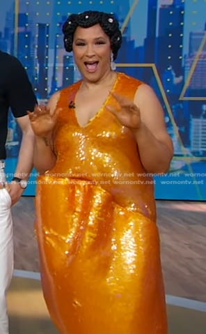 Golda Rosheuvel’s orange sequin dress on Good Morning America