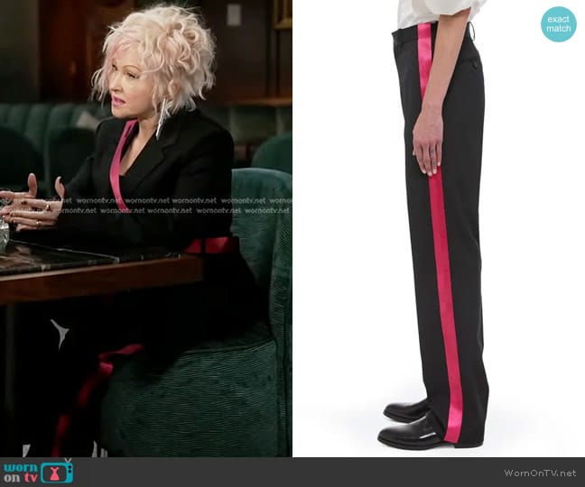 Helmut Lang Seat Belt Stripe Virgin Wool Pants in Black/ Fuschia worn by Cyndi Lauper on Good Morning America