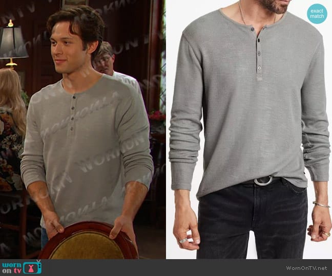 John Varvatos Noah Ribbed Henley in Ash worn by Tate Black (Leo Howard) on Days of our Lives