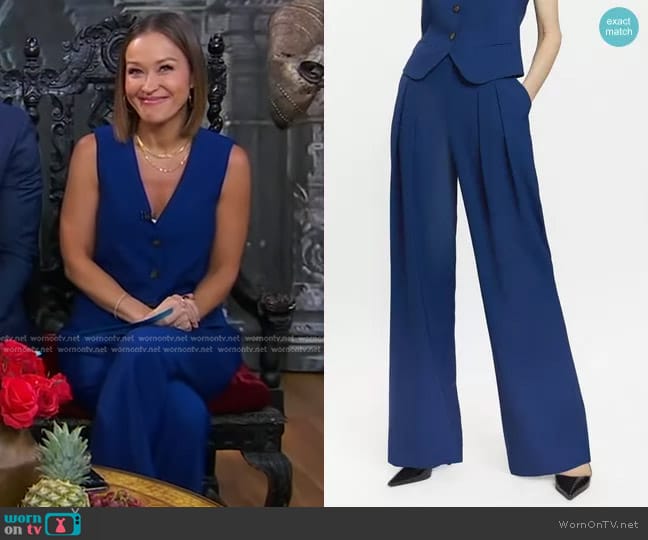 Karen Millen Polished Stretch Wool Blend Pleated Wide Leg Pants worn by Eva Pilgrim on Good Morning America