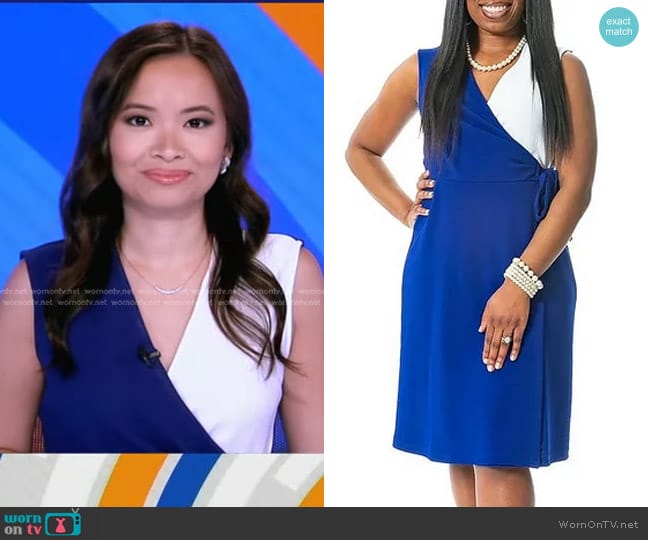 Kasper V-Neck Knee-Length Wrap Dress in Royal Blue/White worn by Em Nguyen on Good Morning America