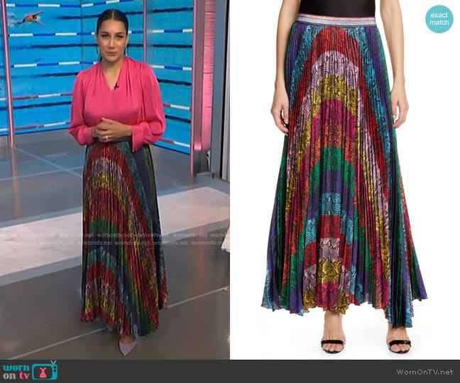 Alice + Olivia Katz Rainbow Snake Print Skirt worn by Morgan Radford on NBC News Daily