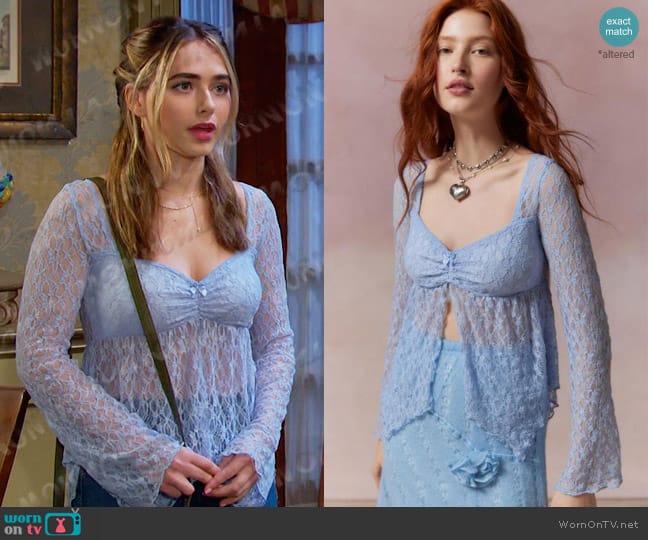 Kimchi Blue Jolene Sheer Lace Babydoll Top in Light Blue worn by Holly Jonas (Ashley Puzemis) on Days of our Lives