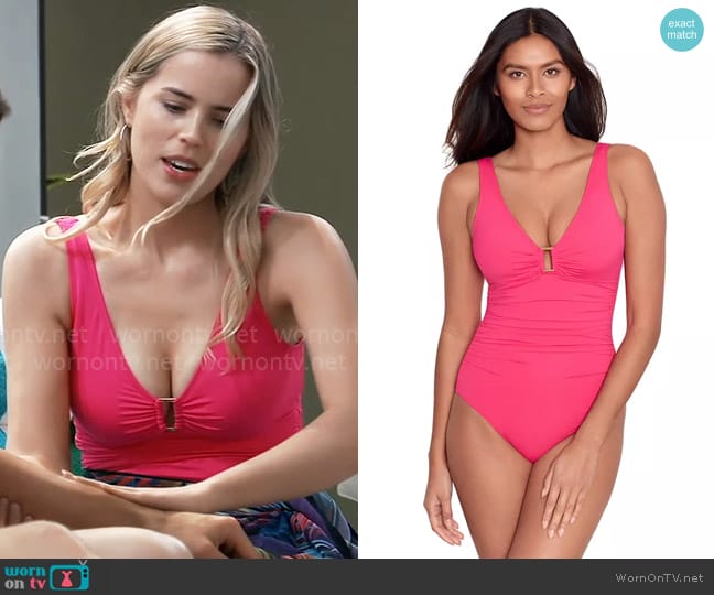 LAUREN Ralph Lauren Ring Over The Shoulder One Piece Swimsuit in Passionfruit worn by Sasha Gilmore (Sofia Mattsson) on General Hospital