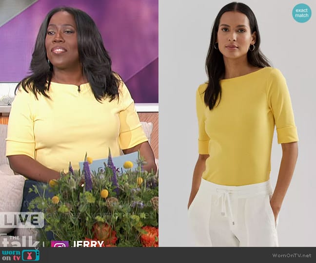 LAUREN Ralph Lauren Stretch Cotton Boatneck Top in Primrose Yellow worn by Sheryl Underwood on The Talk