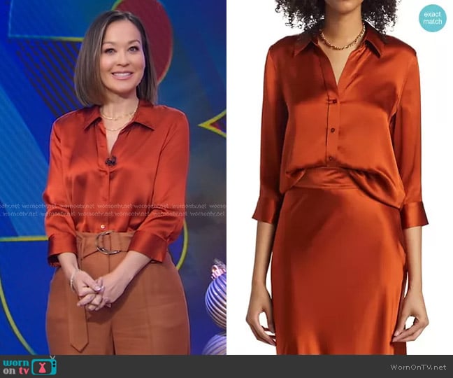 L'Agence Dani Silk Charmeuse Blouse in Sienna worn by Eva Pilgrim on Good Morning America